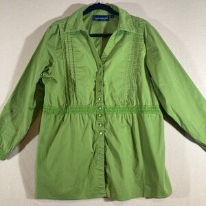 Susan Graver Blouse 1X Green Button Up Pintuck Lace Long Sleeve‎ Collared